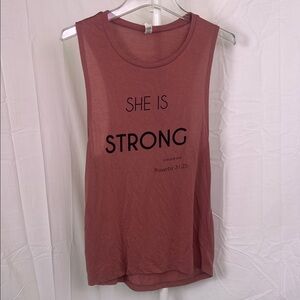 She is strong Proverbs 31:25 flowy muscle tank pink mauve size medium NWOT
